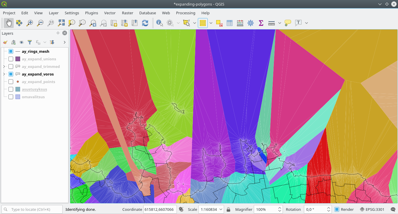 Voronoi polygons that were created in the process colored accordingto the settlement identifier and cut to shape with municipalities