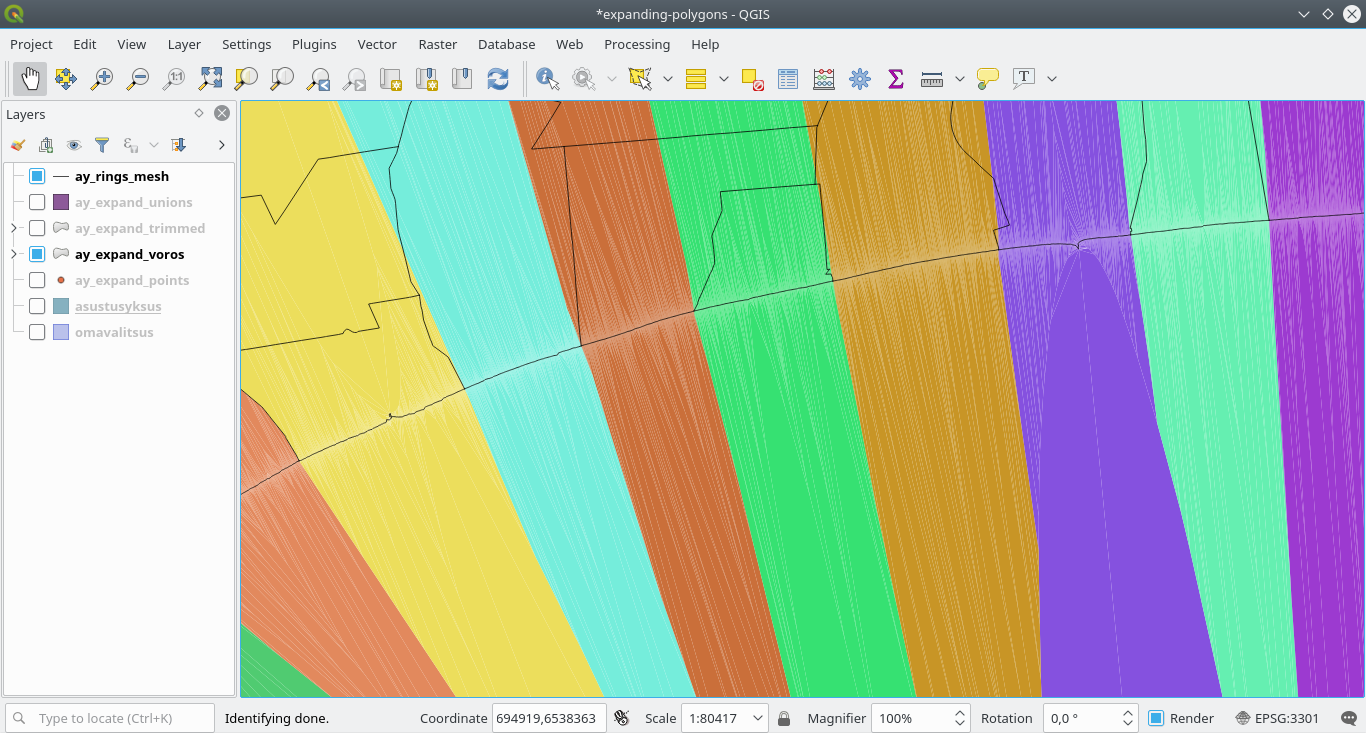 Closeup of Voronoi polygons that were created in the process colored accordingto the settlement identifier and cut to shape with municipalities