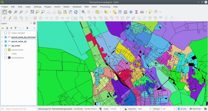 Expanded parcel, settlement and quartier-based zip areas colored by their associated zip code