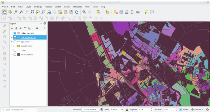 Parcels colored by their associated zip code