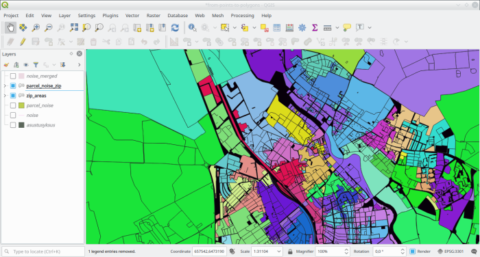 Parcels, settlement and quartier-based zip areas colored by their associated zip code