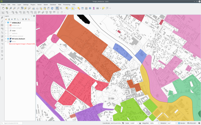 Quartiers with unique zips colored by zip code