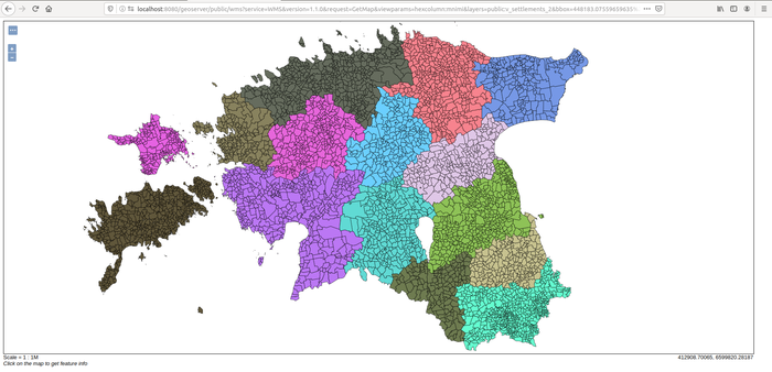 Settlement units colored by 1st level admin unit