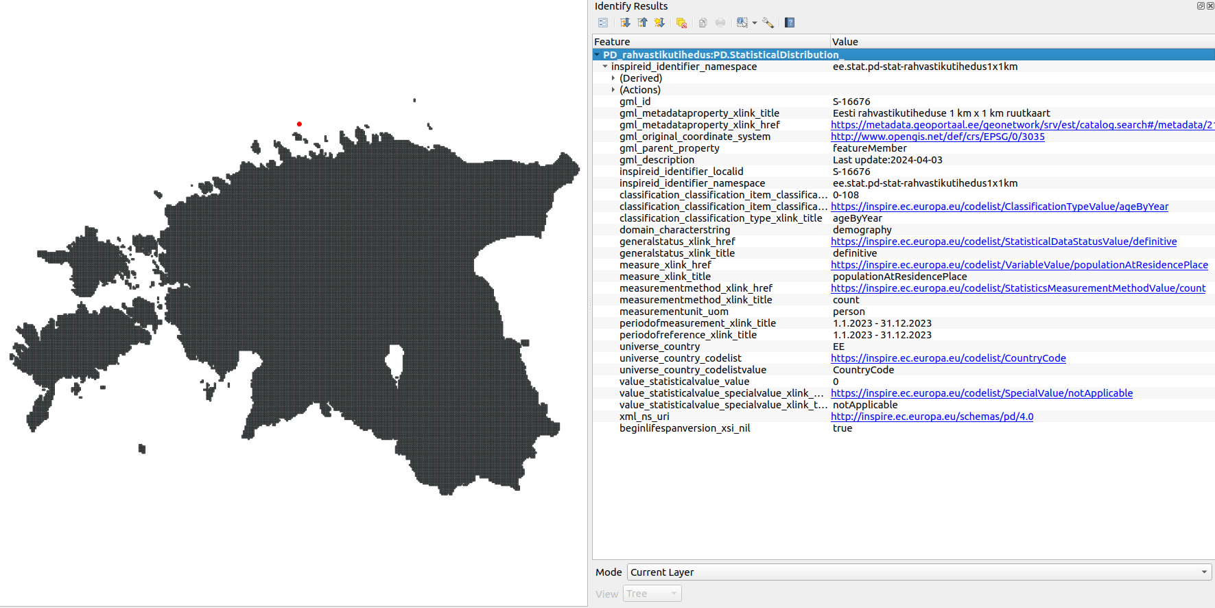 Base 1x1km square grid for Estonian population density data with all attributes from the WFS service