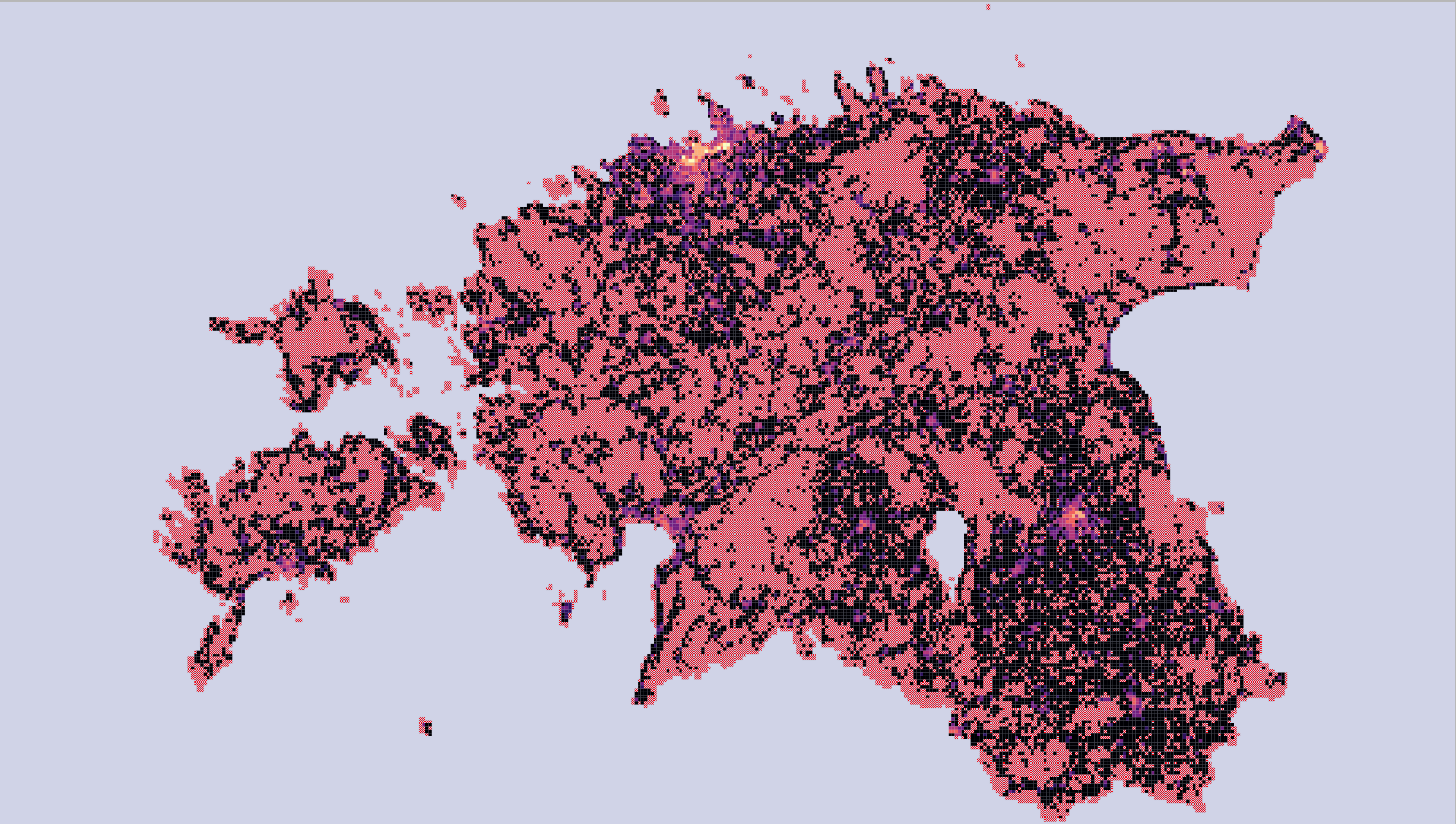 Estonian population 1km square grid density map from “some time ago” with totally uninhabited cells marked in red