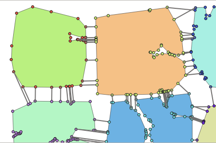 Extra points for neighboring areas closest segment. The lines in grey portraythe connector line between a boundary node of one area and the closest pointon the other area. This is the line that should not cross the formers boundary.