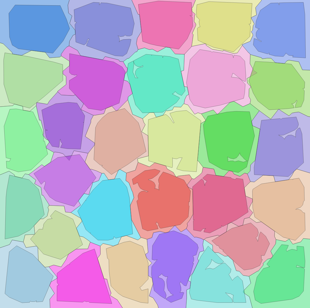 Problems with dividing “empty space” between polygons: the saw-teeth. Originalpolygons in darker and their corresponding “conquered” space inlighter color