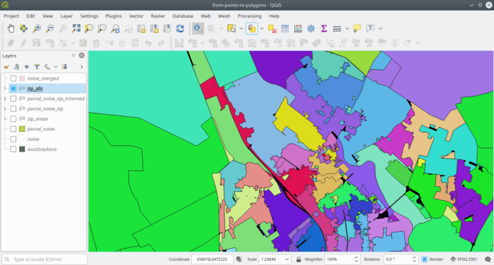 Zip areas layer before “filling the gaps” but with the voodoo already applied and colored by their associated zip code