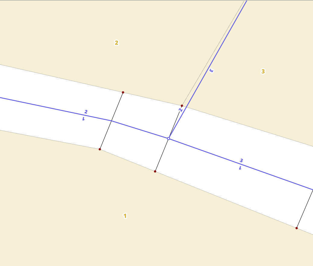 Closeup of the prepared linework in blue (with labels on the left of lines with left_orig_oid values) showing orig_lines line end/startpoint snap to segments helix. Segment helix fraction points (reddish dots) and &ldquo;ladder steps&rdquo; (black lines connecting them) shown for reference.
