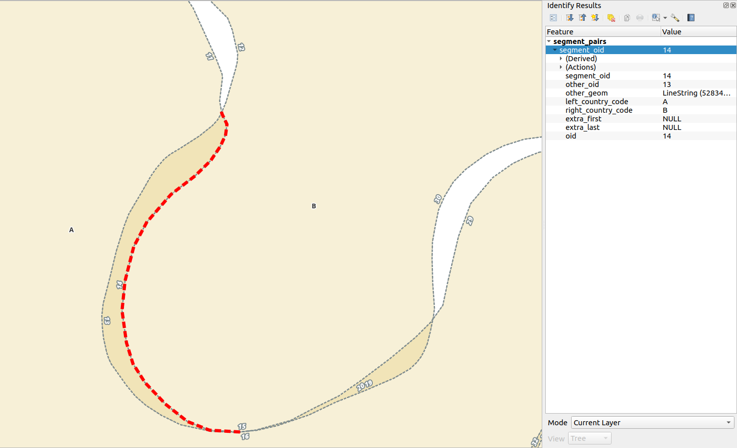 Closeup view of segment pairs, labeles with segment_oid values and the idenify result for segment_oid=14 on the right