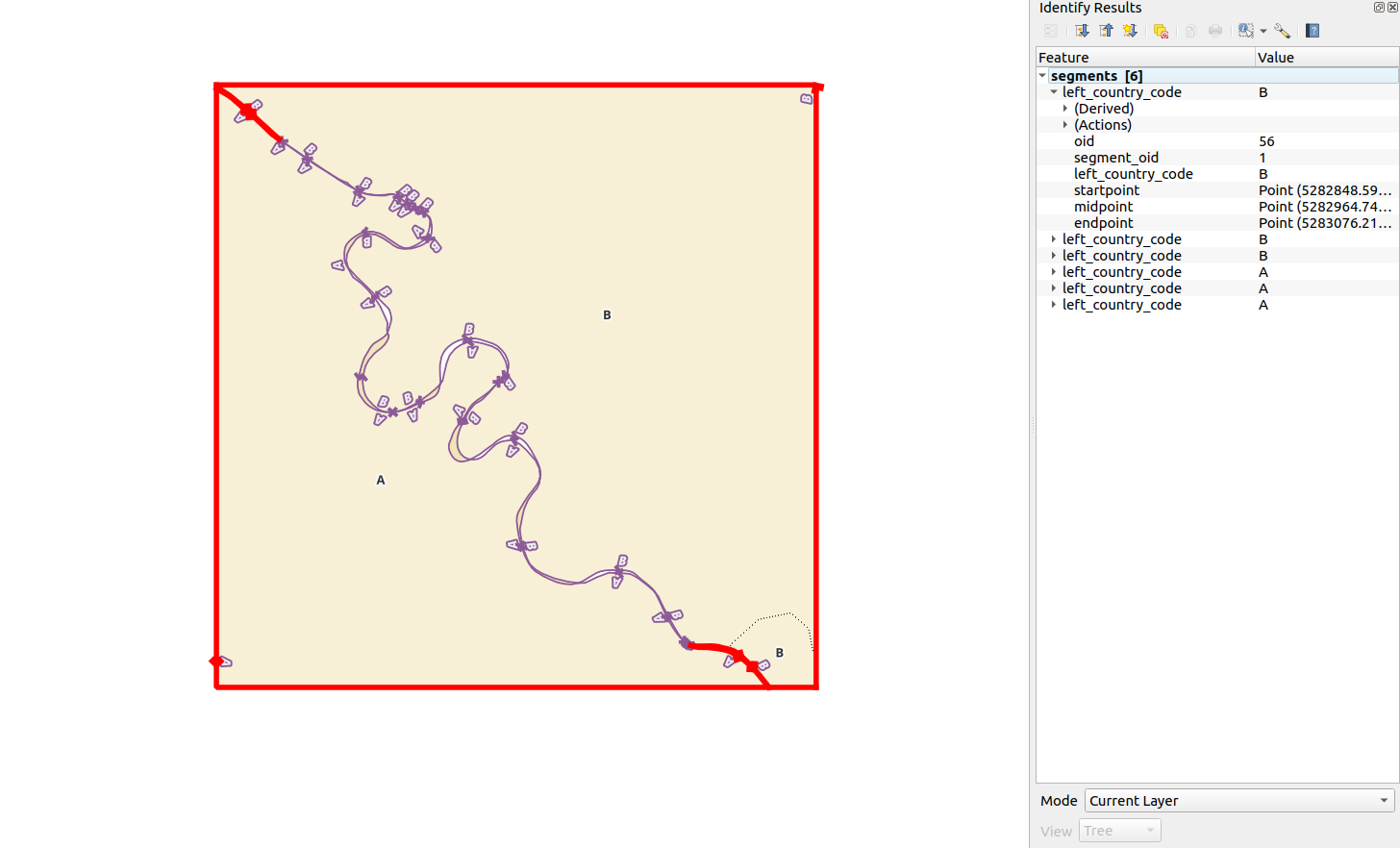 Fixed segments (in red) with identify results on the right