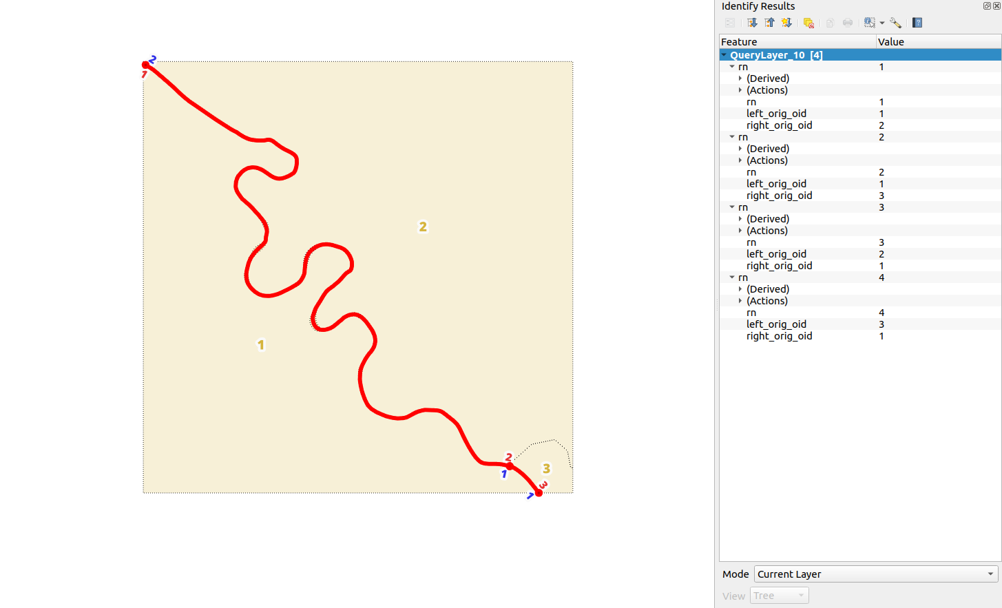 Segments helix st_linemerge over left_orig_oid and right_orig_oid values. Blue labes are right oid values, red are left oid values