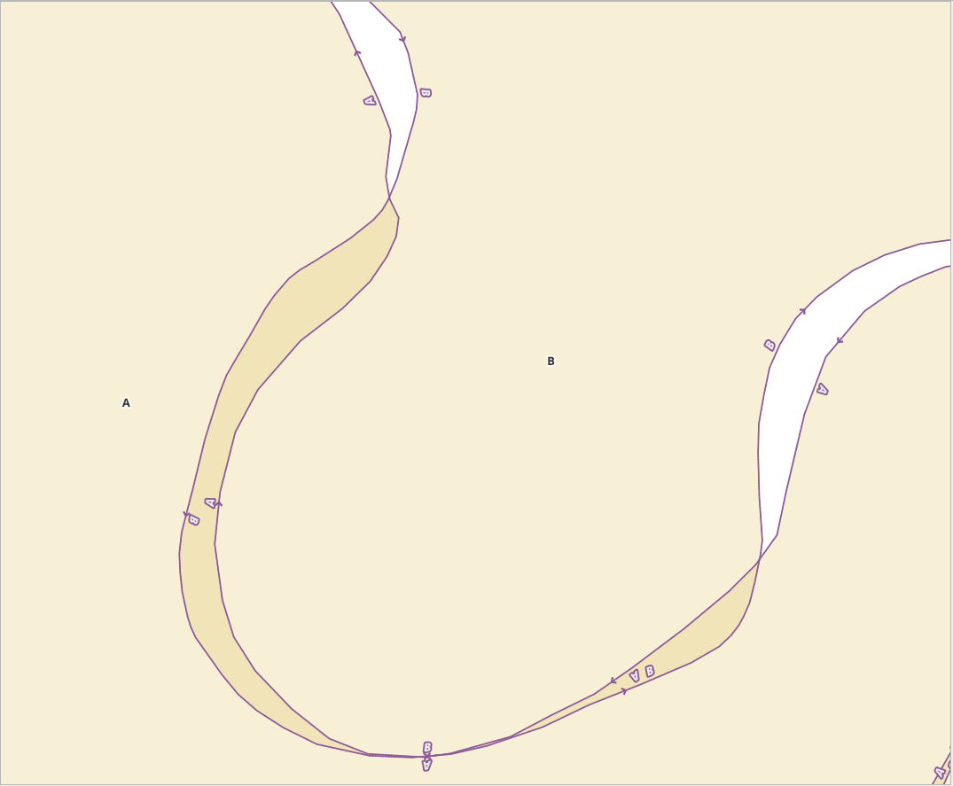 Closeup view of segments with arrows showing line direction and labels on the left hand side.