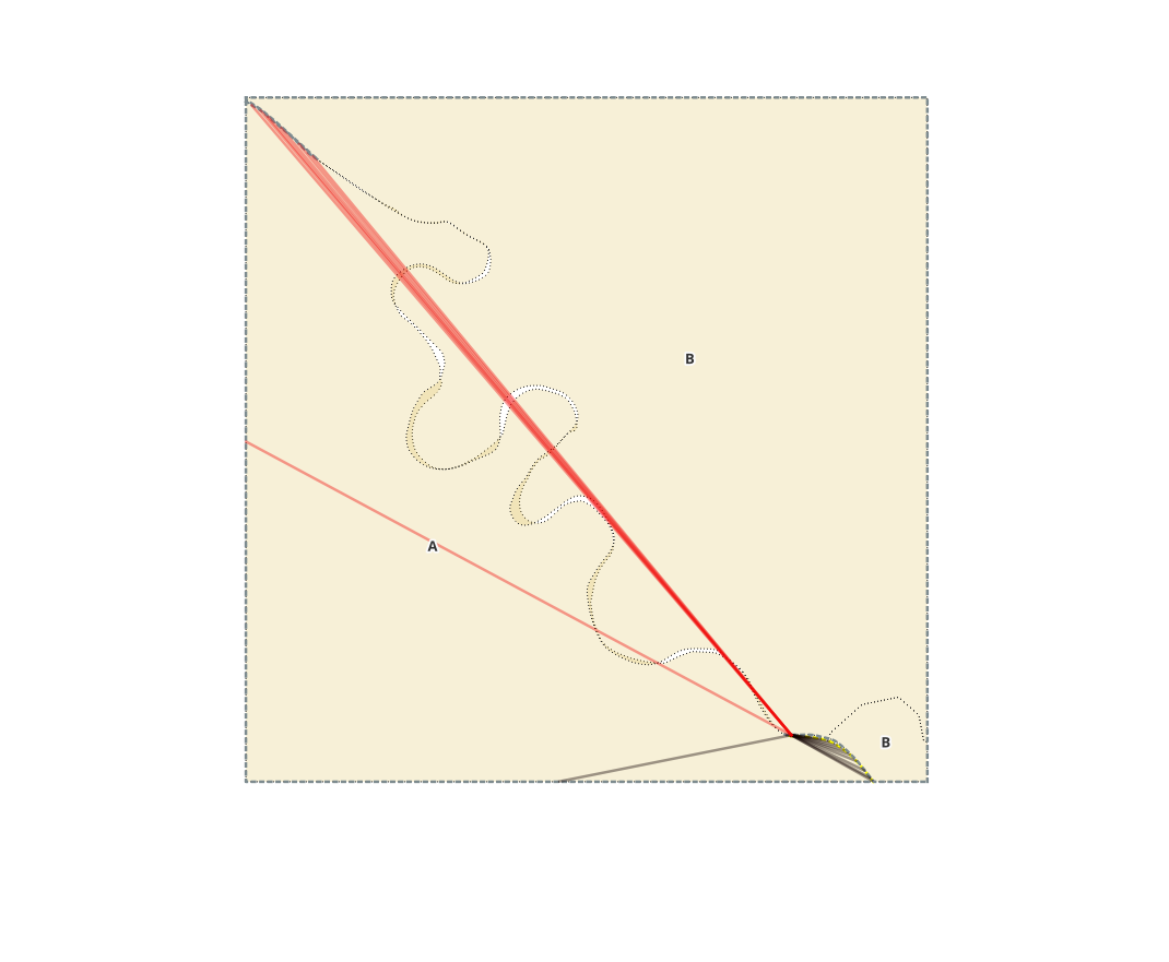 Per st_dumpsegment geometry visibility testing. Red lines represent the line-of-sight trajectories where st_crosses is true. Black lines where st_crosses is false 